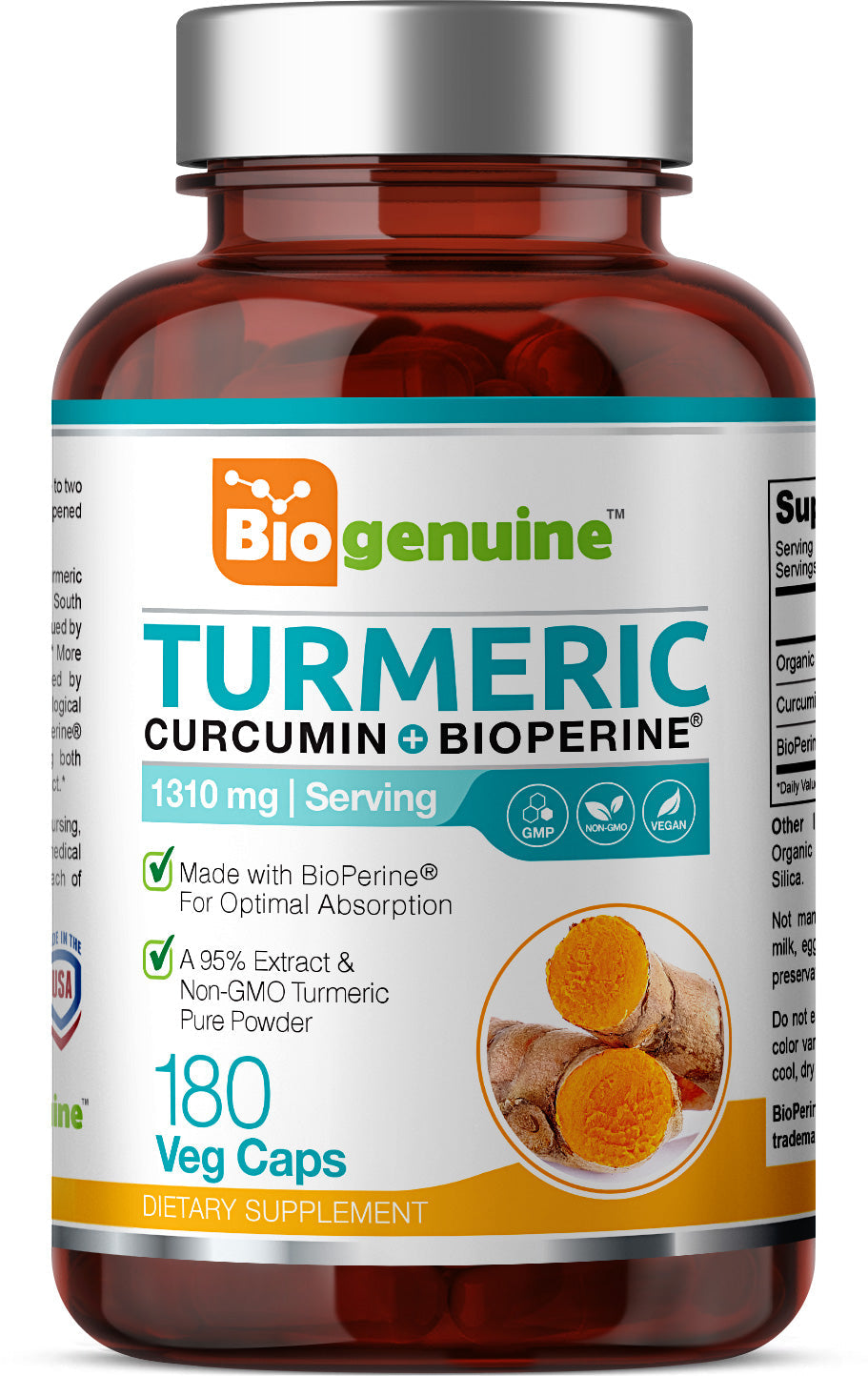 Organic Turmeric Curcumin Plus Bioperine 1310 mg 180 Veg Capsules